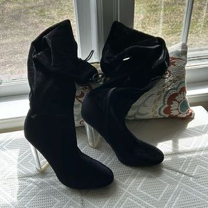 Forever 21 Black Velvet Thigh Boots Acrylic Heel Size 7 1/2